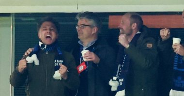 Britain&#039;s Prince William (R) celebrates Aston Villa&#039;s first goal scored by Marco Asensio during the Champions League round of 16 second leg against Club Brugge at the Villa Park, Birmingham, U.K., March 12, 2025. (Reuters Photo)