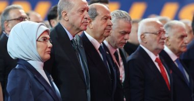 President Recep Tayyip Erdoğan and Turkish Republic of Northern Cyprus (TRNC) President Ersin Tatar (3rd L) attend a congress of the Justice and Development Party (AK Party), Ankara, Türkiye, Feb. 23, 2025. (AA Photo)