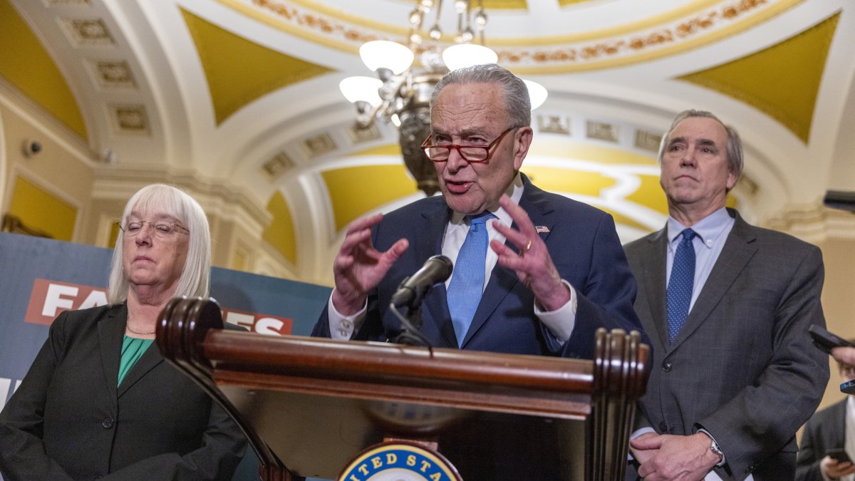Senate Minority Leader Chuck Schumer responds to a question from the news media during a post Democratic Caucus luncheon news conference in the U.S. Capitol in Washington, U.S., Feb. 19, 2025. (EPA Photo)