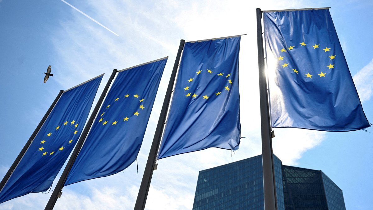 EU flags flutter in front of European Central Bank (ECB) headquarters, Frankfurt, Germany, July 18, 2024. (Reuters Photo)