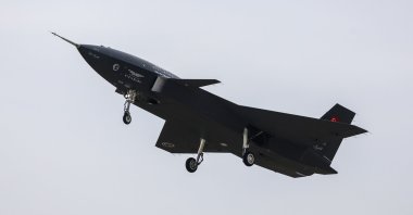 The unmanned fighter jet Kızılelma developed by Turkish defense firm Baykar is seen airborne during a test flight, Tekirdağ, northwestern Türkiye, March 15, 2025. (AA Photo)