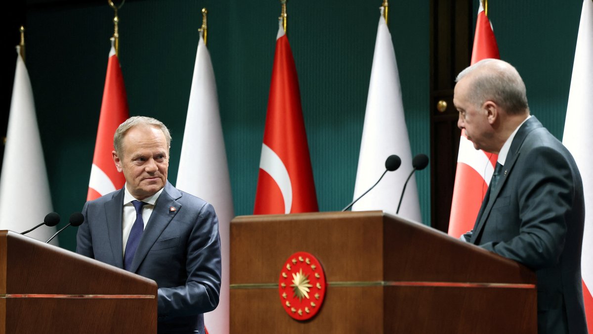 President Tayyip Erdoğan and Poland’s Prime Minister Donald Tusk attend a press conference, Ankara, Türkiye, March 12, 2025. (Reuters Photo)