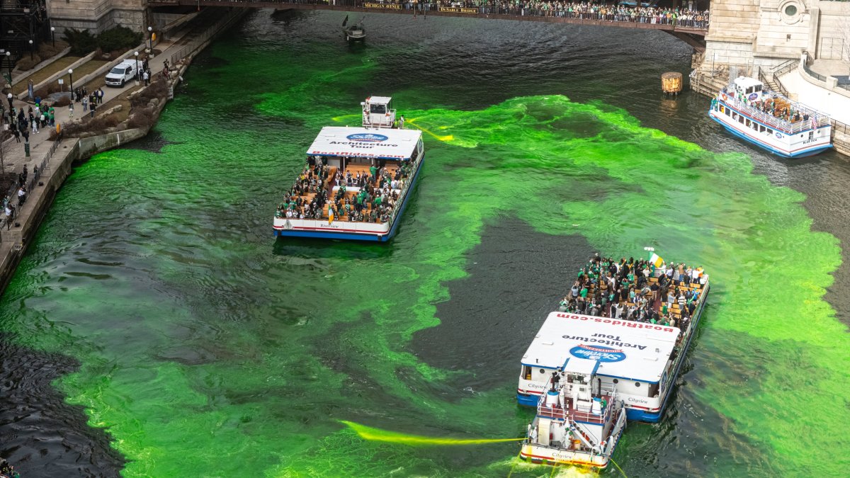 An aerial view of the Chicago River being dyed green, Chicago, U.S., March 15, 2025. (AA Photo)
