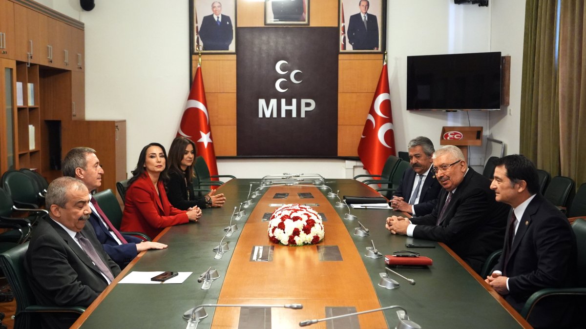 The Peoples’ Equality and Democracy Party (DEM Party) delegation (L) meets Nationalist Movement Party (MHP) deputy chairs at the MHP&#039;s offices at Parliament, Ankara, Türkiye, March 17, 2025. (AA Photo)