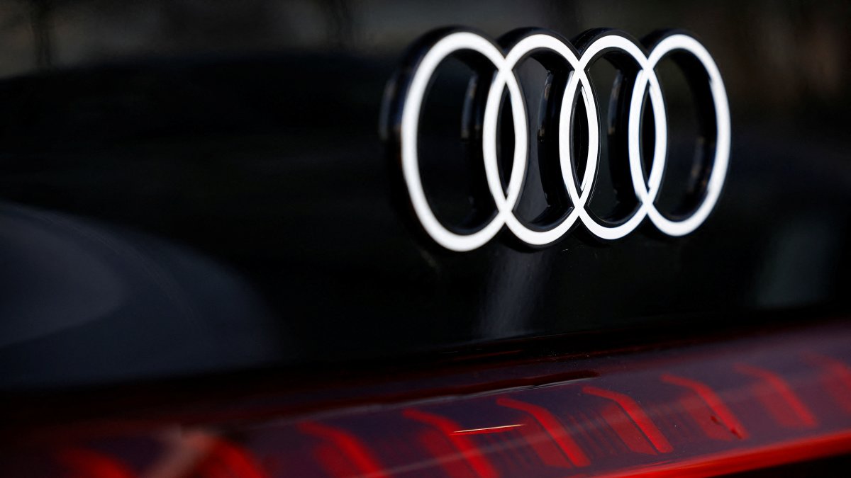 A logo of Audi is seen outside a car dealer in Nijmegen, Netherlands, Feb. 26, 2025. (Reuters Photo)
