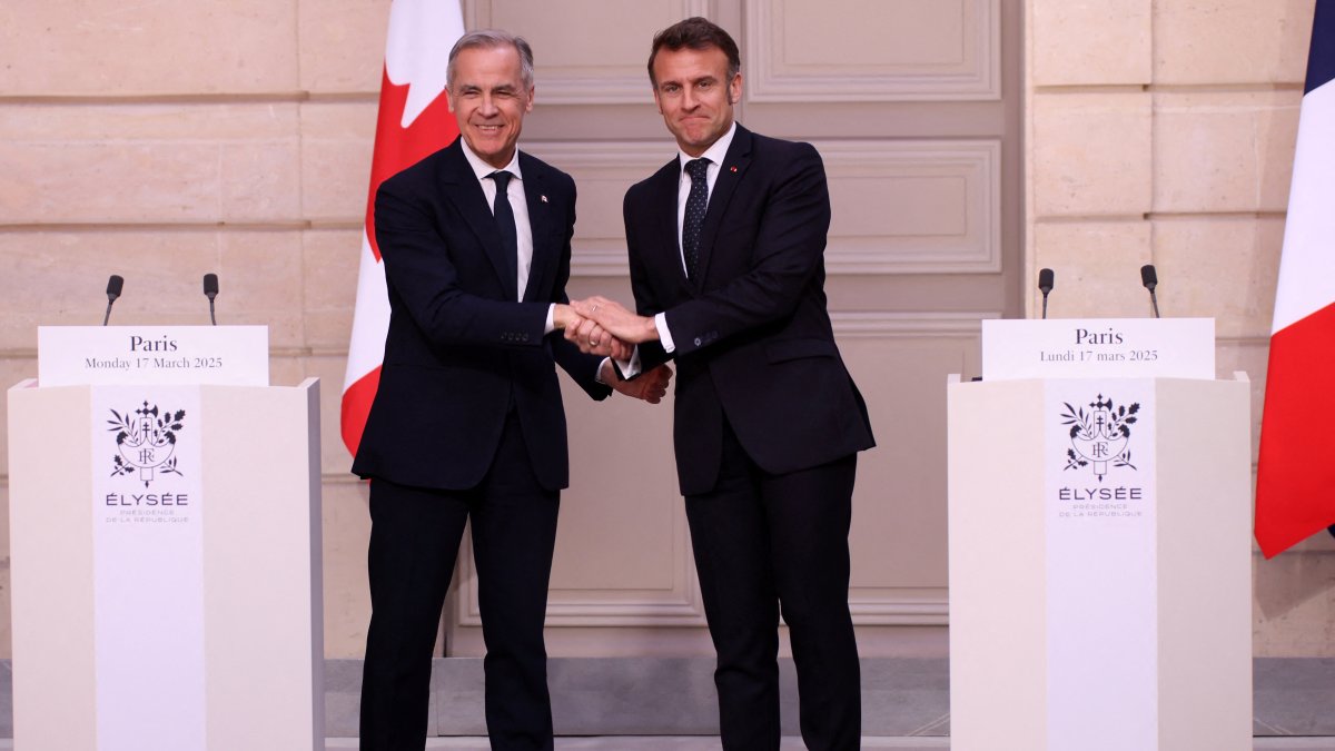 French President Emmanuel Macron (R) and Canadian Prime Minister Mark Carney shake hands after a joint statement, at Elysee Palace, during Carney&#039;s first foreign visit as prime minister, Paris, France, March 17, 2025. (Reuters Photo)