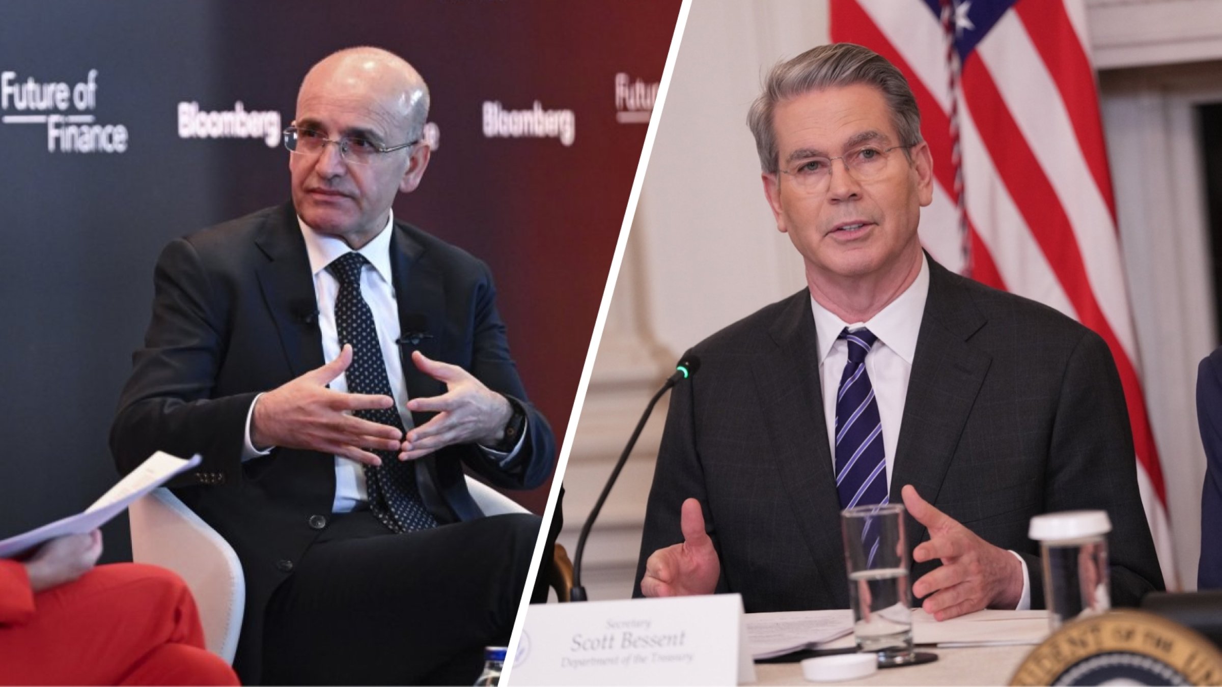This combination of images shows Treasury and Finance Minister Mehmet Şimşek speaking at the Future of Finance event by Bloomberg in Istanbul, Türkiye on Feb. 4, 2025 and U.S. Secretary of the Treasury Scott Bessent making remarks at The White House Digital Assets (Crypto) Summit in the State Dining Room of the White House in Washington, U.S., March 7, 2025. (AA, EPA Photos)