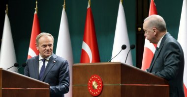 President Tayyip Erdoğan and Poland’s Prime Minister Donald Tusk attend a press conference, Ankara, Türkiye, March 12, 2025. (Reuters Photo)