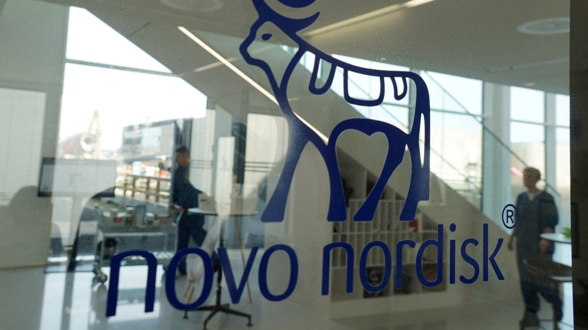 The logo of Danish drugmaker Novo Nordisk in their offices, Hillerod, Denmark, Sept. 26, 2023. (Reuters Photo)