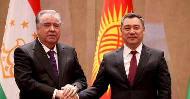 Tajik President Emomali Rahmon (L) and Kyrgyz President Sadyr Zhaparov shake hands during their meeting, Bishkek, Kyrgyzstan, March 13, 2025. (EPA Photo)