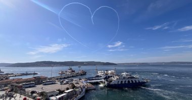 The Turkish Air Force’s aerobatic team, "Turkish Stars," performs a salute flight over Çanakkale for the 110th anniversary of the Gallipoli victory, western Türkiye, March 17, 2025. (AA Photo)