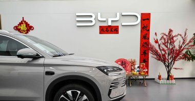 A BYD Plus DM-i electric vehicle is seen on display at a showroom in the Jing&#039;an district of Shanghai, China, March 11, 2025. (AFP Photo)