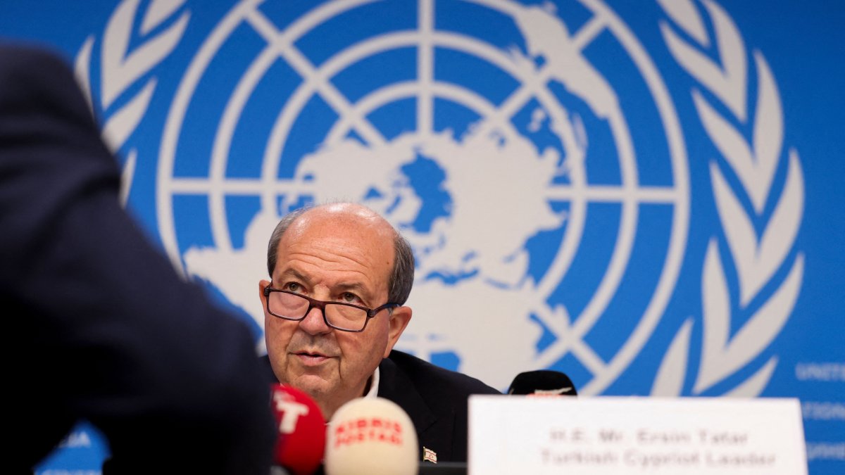 Turkish Cypriot President Ersin Tatar attends a press conference on the day of a meeting to discuss the future of stalled peace talks over the divided island of Cyprus at the U.N., Geneva, Switzerland, March 18, 2025. (AFP Photo)
