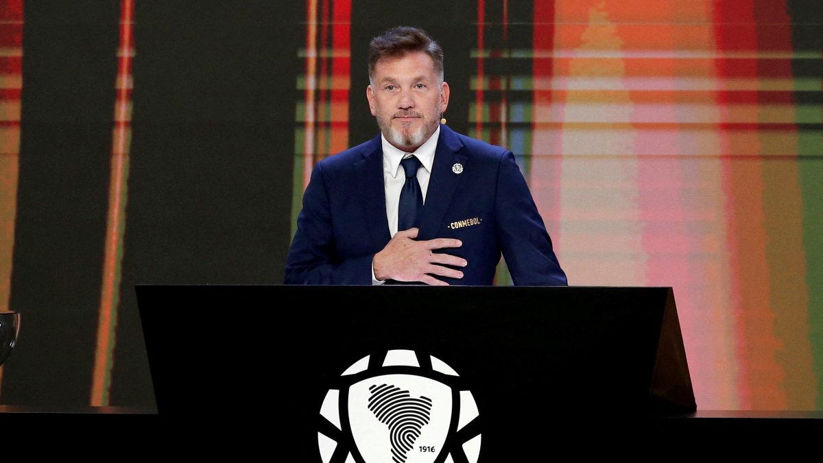 CONMEBOL President Alejandro Dominguez speaks during the Copa Libertadores group stage draw at the Conmebol Headquarters, Luque, Paraguay, March 17, 2025. (Reuters Photo)