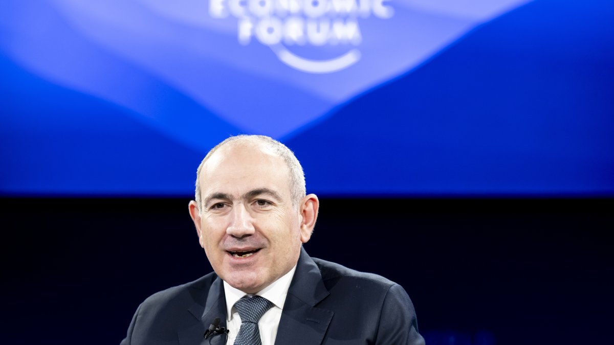  Armenian Prime Minister Nikol Pashinian  speaks during a panel session during the 55th annual meeting of the World Economic Forum (WEF) in Davos, Switzerland, 23 January 2025. (EPA Photo)