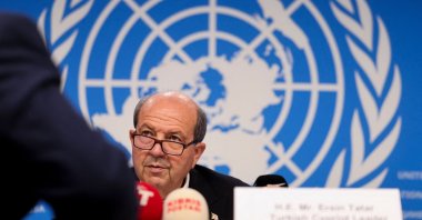 Turkish Cypriot President Ersin Tatar attends a press conference on the day of a meeting to discuss the future of stalled peace talks over the divided island of Cyprus at the U.N., Geneva, Switzerland, March 18, 2025. (AFP Photo)
