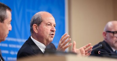 Turkish Cypriot leader Ersin Tatar attends a press conferece on the day of a meeting to discuss future of stalled peace talks over the divided island of Cyprus at the United Nations in Geneva, Switzerland, March 18, 2025. (Reuters Photo) 