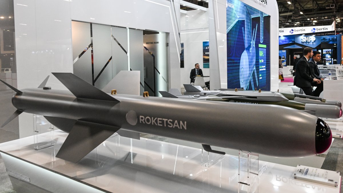 The UAV-230 air-to-surface ballistic supersonic missile is on display at the Eurosatory Defense and Security expo in the Paris-Nord Villepinte exhibition center, Seine-Saint-Denis, France, June 21, 2024. (Reuters Photo)