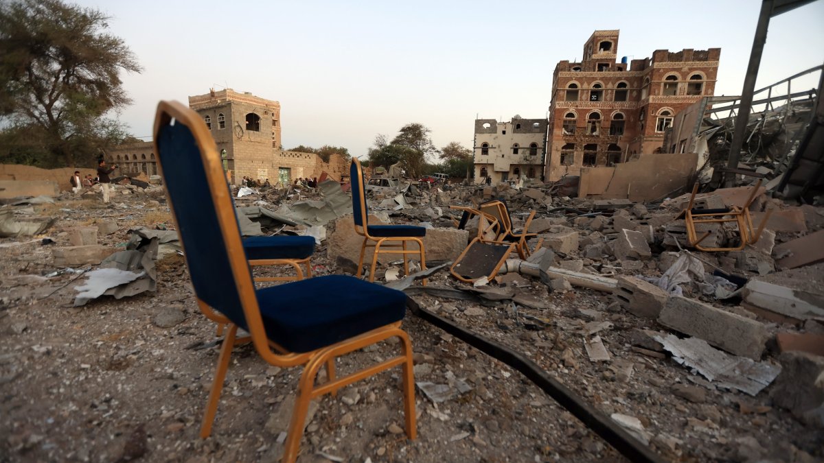 Chairs are left among the damage at an event hall struck by U.S. airstrikes, Sanaa, Yemen, March 20, 2025. (EPA Photo)