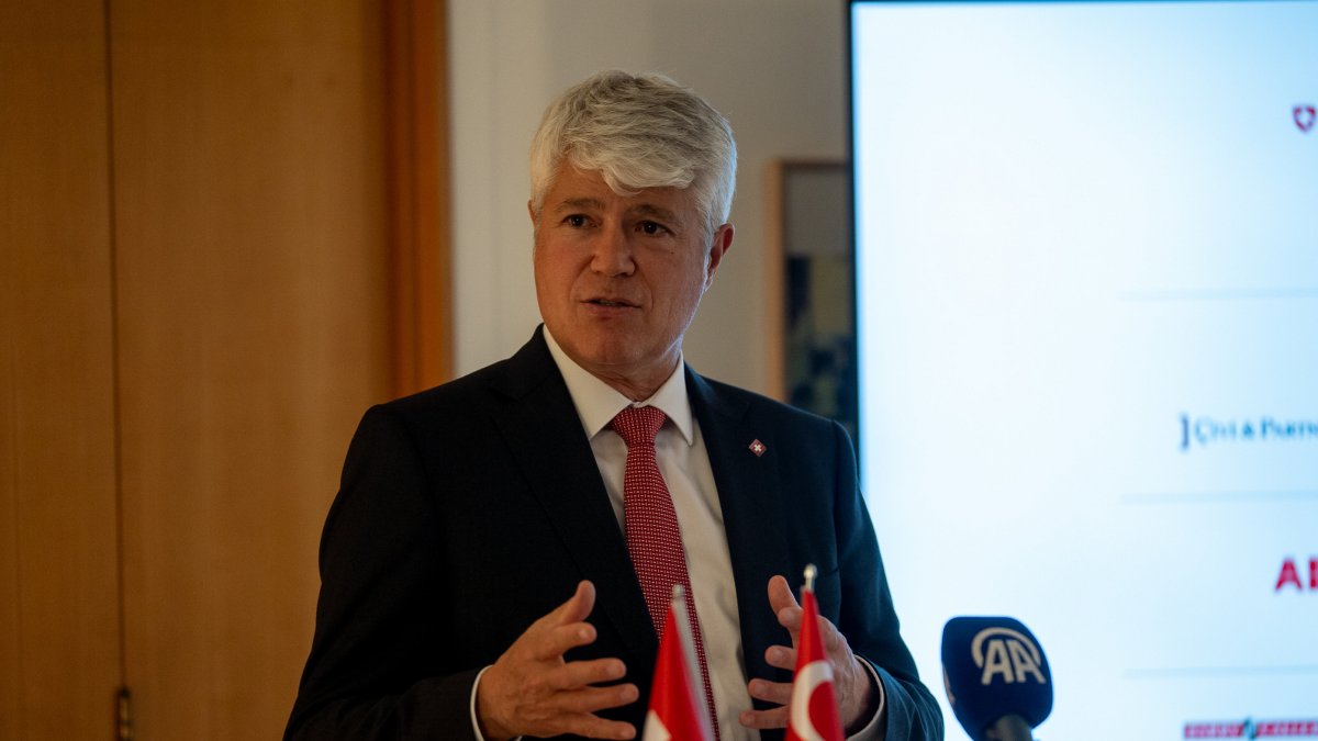 Swiss Ambassador to Türkiye Guillaume Bertrand Scheurer speaks at the Friendship Treaty anniversary event at the Swiss Embassy, Ankara, Türkiye, March 19, 2025. (AA Photo)