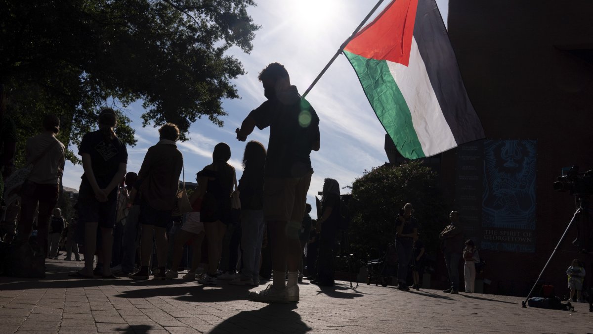 Georgetown University students march around campus as they rally during a pro-Palestinian demonstration at Georgetown University in Washington, D.C., U.S., Sept. 4, 2024. (AP Photo)