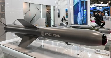 The UAV-230 air-to-surface ballistic supersonic missile is on display at the Eurosatory Defense and Security expo in the Paris-Nord Villepinte exhibition center, Seine-Saint-Denis, France, June 21, 2024. (Reuters Photo)