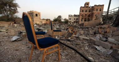 Chairs are left among the damage at an event hall struck by U.S. airstrikes, Sanaa, Yemen, March 20, 2025. (EPA Photo)