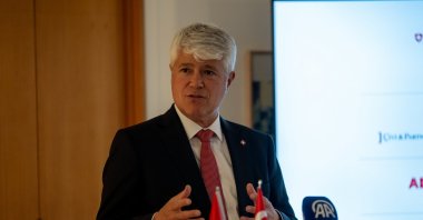 Swiss Ambassador to Türkiye Guillaume Bertrand Scheurer speaks at the Friendship Treaty anniversary event at the Swiss Embassy, Ankara, Türkiye, March 19, 2025. (AA Photo)