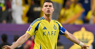 Al Nassr&#039;s Cristiano Ronaldo celebrates scoring against Esteghlal in Asian Champions League, Al Awwal Park, Riyadh, Saudi Arabia, March 10, 2025. (AA Photo) 