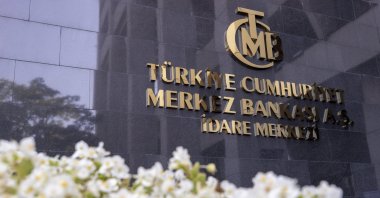 The logo of the Central Bank of the Republic of Türkiye (CBRT) at the entrance of the bank's headquarters in Ankara, Türkiye, July 28, 2022. (AA Photo)