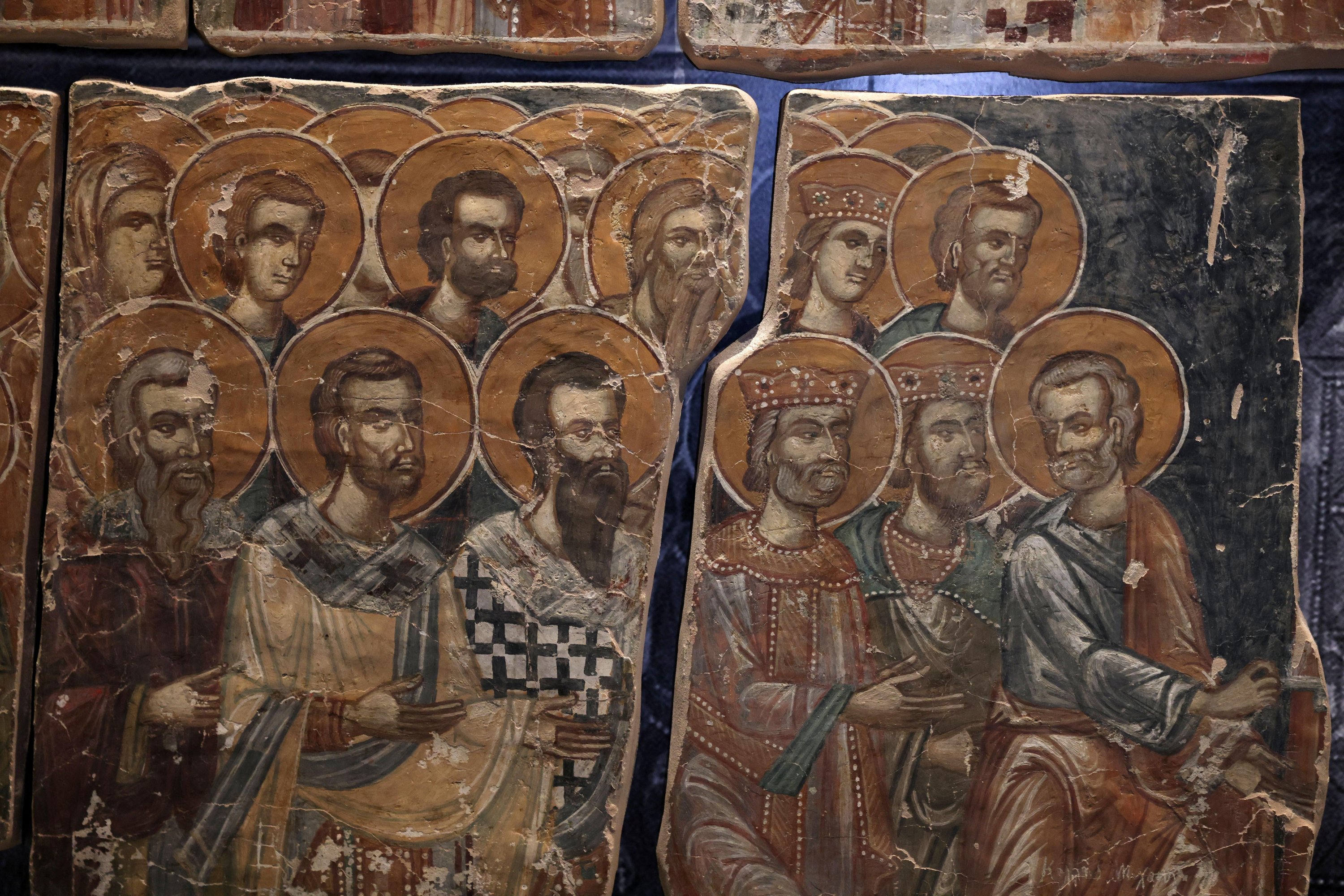 A wall painting of the Last Judgement, removed from the Antiphonitis Monastery in north Cyprus and cut into pieces by antiquities smugglers is displayed after it was recovered by Cyprus authorities at the Byzantine Museum in Nicosia, Cyprus, March 17, 2025. (Reuters Photo)