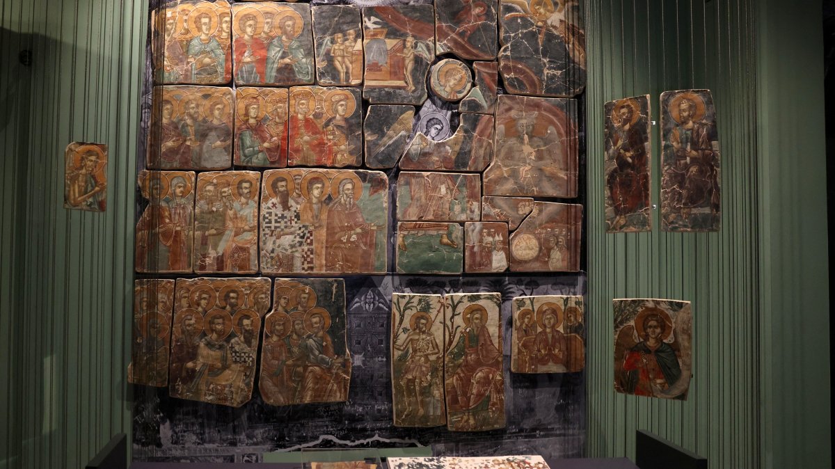 A wall painting of the Last Judgement, removed from the Antiphonitis Monastery in north Cyprus and cut into pieces by antiquities smugglers is displayed after it was recovered by Cyprus authorities at the Byzantine Museum in Nicosia, Cyprus, March 17, 2025. (Reuters Photo)