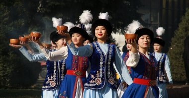 Women dressed in traditional clothes celebrate Nevruz, symbolizing renewal and the arrival of spring, Bishkek, Kyrgyzstan, March 23, 2025. (AA Photo)
