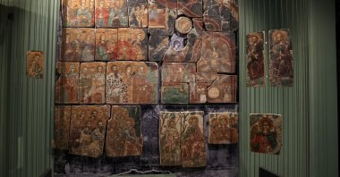 A wall painting of the Last Judgement, removed from the Antiphonitis Monastery in north Cyprus and cut into pieces by antiquities smugglers is displayed after it was recovered by Cyprus authorities at the Byzantine Museum in Nicosia, Cyprus, March 17, 2025. (Reuters Photo)
