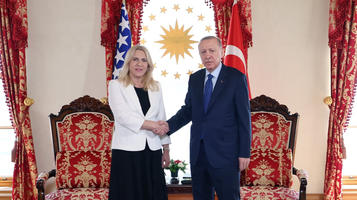 President Recep Tayyip Erdoğan (R) receives Bosnia-Herzegovina&#039;s Presidential Council Chairperson Zeljka Cvijanovic at the Dolmabahçe Palace in Istanbul, Türkiye, March 22, 2025. (AA Photo)