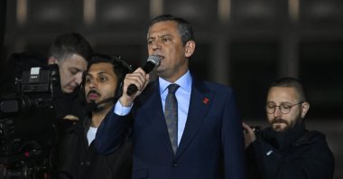 Head of the Republican People’s Party (CHP) Özgür Özel addresses the citizens gathered in front of the IBB building, Saraçhane, Istanbul, Türkiye, March 22, 2025. (AA Photo)