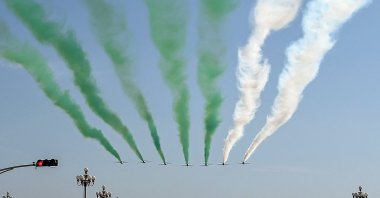 The Pakistan Air Force&#039;s Karakoram-8 (K-8) aircraft team performs aerobatic maneuvers during the National Day parade as they fly past the President&#039;s House, Islamabad, Pakistan, March 23, 2025. (AFP Photo)