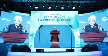 First lady Emine Erdoğan delivers a speech at the World Water Day: Water Efficiency Summit, Istanbul, Türkiye, March 22, 2025. (AA Photo)