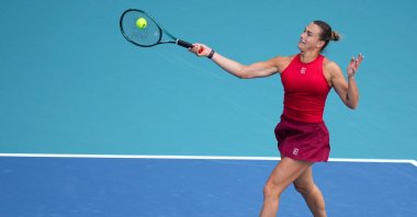 Aryna Sabalenka returns a shot against Elena-Gabriela Ruse of Romania during their Miami Open match, Miami, Florida, U.S., March 22, 2025. (AFP Photo)