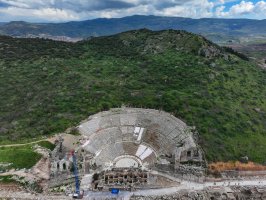 A drone-captured aerial view of the historic Ephesus Ancient Theater, Izmir, western Türkiye, March 21, 2025. (AA Photo)