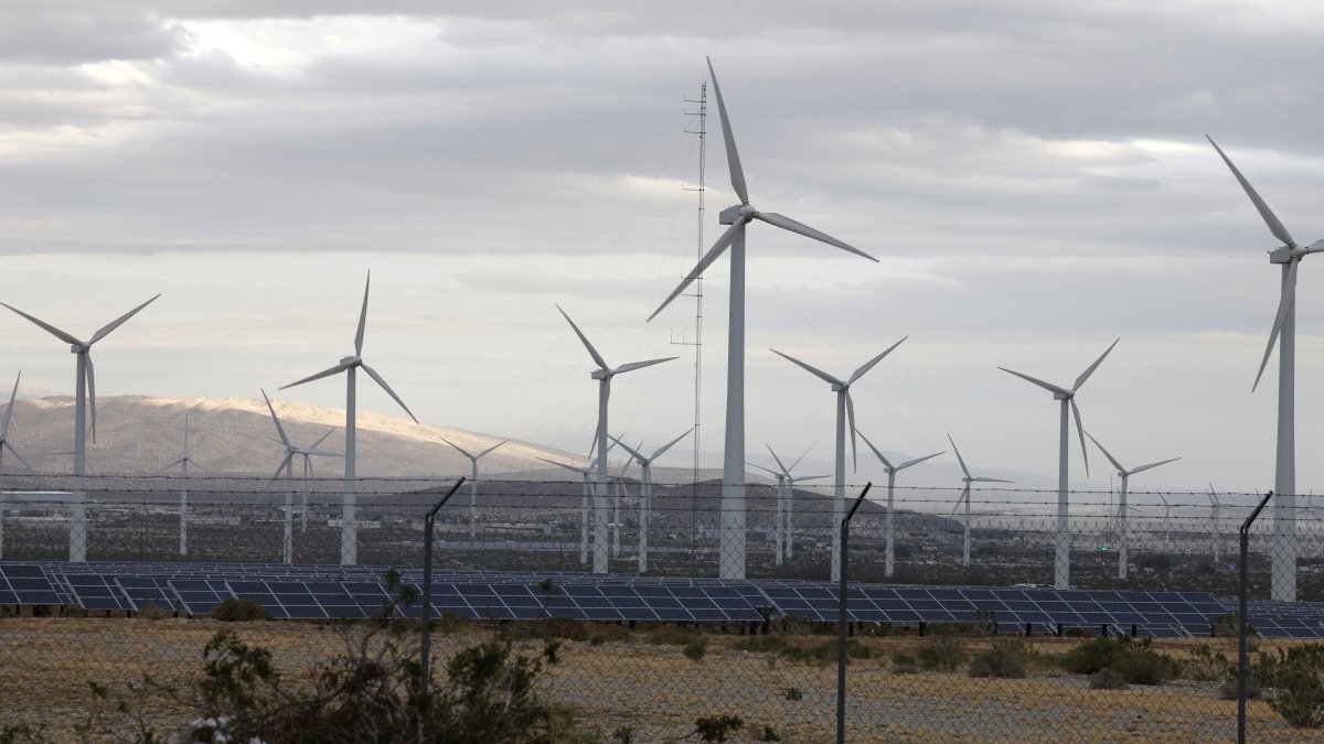 Wind turbines and solar panels are seen in Riverside County, California, U.S., March 5, 2025. (EPA Photo)