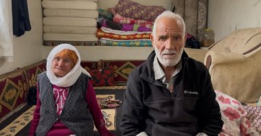 Fatma Akyüz, who has lived without an official identity for 70 years, sits beside her husband, Faruk Akyüz, in their home, Suruç, Şanlıurfa, southeastern Türkiye, March 24, 2025. (IHA Photo)