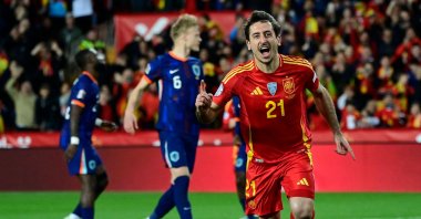 Spain&#039;s Mikel Oiarzabal celebrates scoring a goal in a UEFA Nations League match against the Netherlands, in Valencia, Spain, March 23, 2025. (AFP Photo)