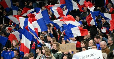 France's fans celebrate their team's victory in the stands at the end of the UEFA Nations League quarter-final second-leg football match between France and Croatia at the Stade de France in Saint-Denis, Paris, France, March 23, 2025. (AFP Photo)