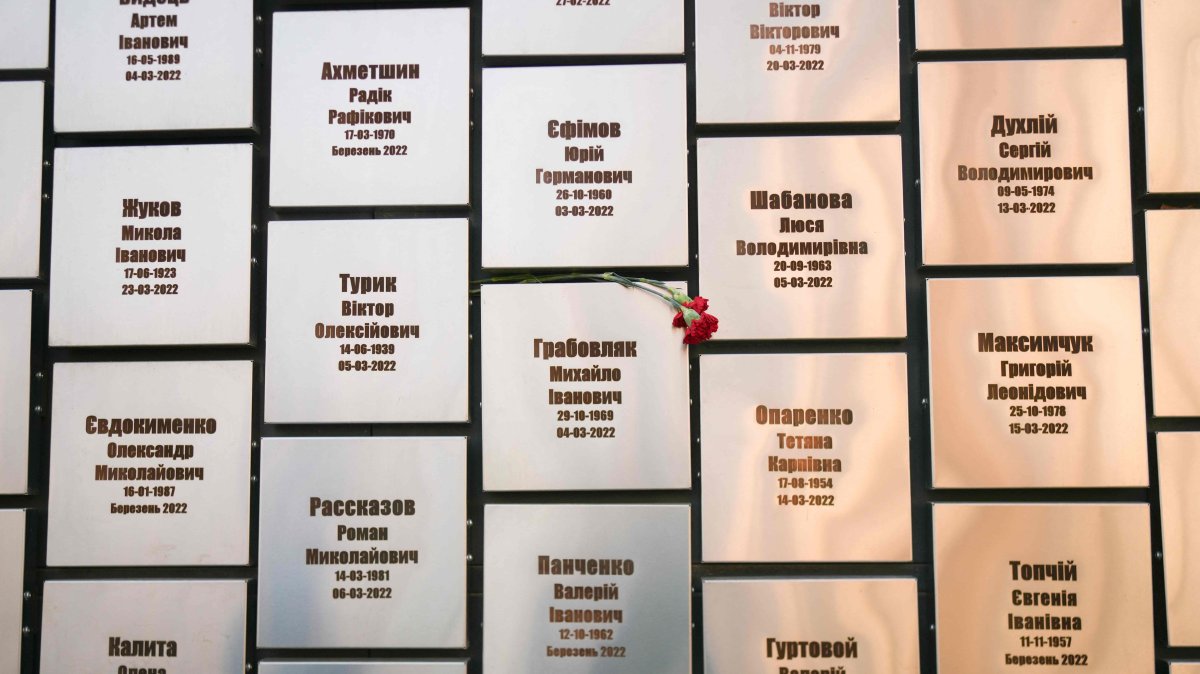The Wall of Remembrance memorial in the churchyard of St. Andrew&#039;s Church in Bucha, Ukraine, March 6, 2025. (AFP Photo)