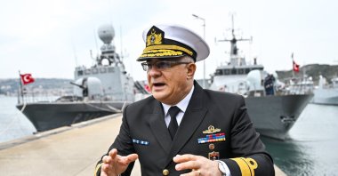 Rear Adm. Selçuk Akari, who leads the straits command is seen speaking to reporters, Istanbul, Türkiye, March 24, 2025 (AA Photo)