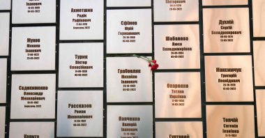 The Wall of Remembrance memorial in the churchyard of St. Andrew&#039;s Church in Bucha, Ukraine, March 6, 2025. (AFP Photo)
