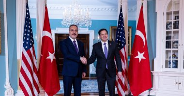 Foreign Minister Hakan Fidan (L) shakes hands with U.S. Secretary of State Marco Rubio in the State Department, Washington, D.C., U.S., March 25, 2025. (AA Photo)