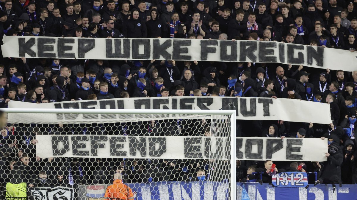 Rangers fans hold up a sign in the stands during their Europa League match against Fenerbahçe, at Ibrox Stadium, Glasgow, Scotland, March 13, 2025. (AP Photo)