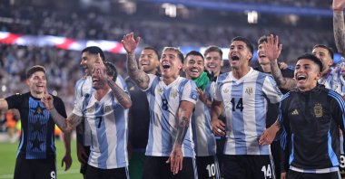 Argentine players celebrate their victory over Brazil during a CONMEBOL FIFA World Cup 2026 qualifier match, Buenos Aires, Argentina, March 25, 2025. (EPA Photo)